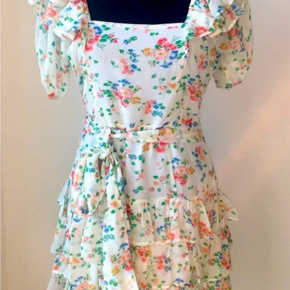 LoveShackFancy Floral Dress with Ruffle Sleeves